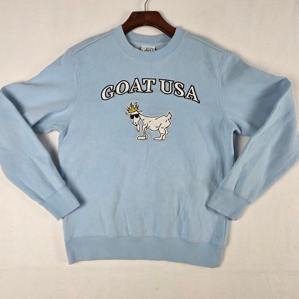 GOAT USA Light Blue Graphic Crewneck Sweatshirt XS Crowned Goat Logo Fleece